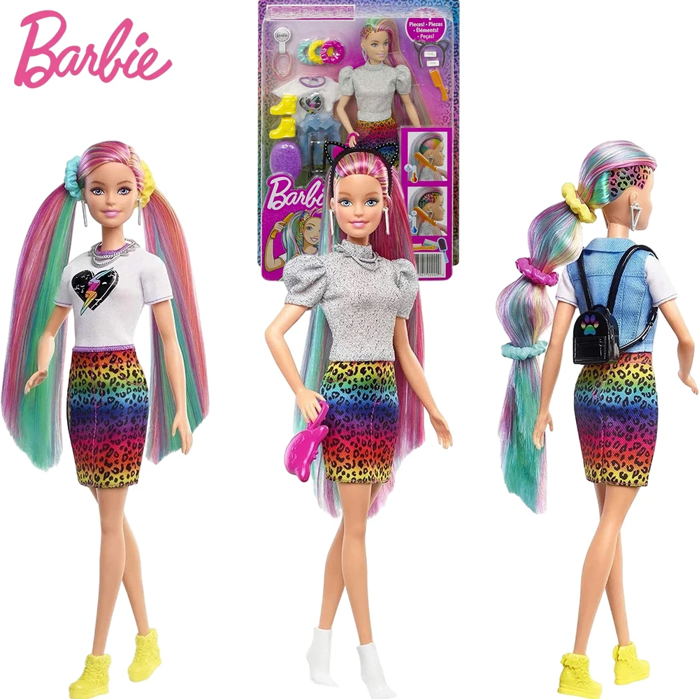 

Barbie Original Rainbow Cheetah Hair Doll Color Reveal Barbie With Rainbow Hair Play House Toy Set Girls Birthday Gift GRN81