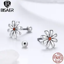 BISAER, серьги-гвоздики для женщин, 925 пробы, серебро, красный, с ромашками, эмалированное, цветок, Корея, серьги, дизайн, модное ювелирное изделие GXE460