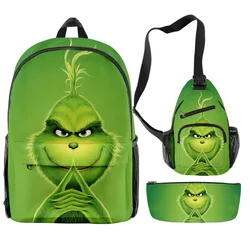 Green Haired Grinch Youthful 3pcs/Set Backpack Chest Bags Pencil Case 3D Print Student Bookbag Travel Laptop Daypack Backpacks