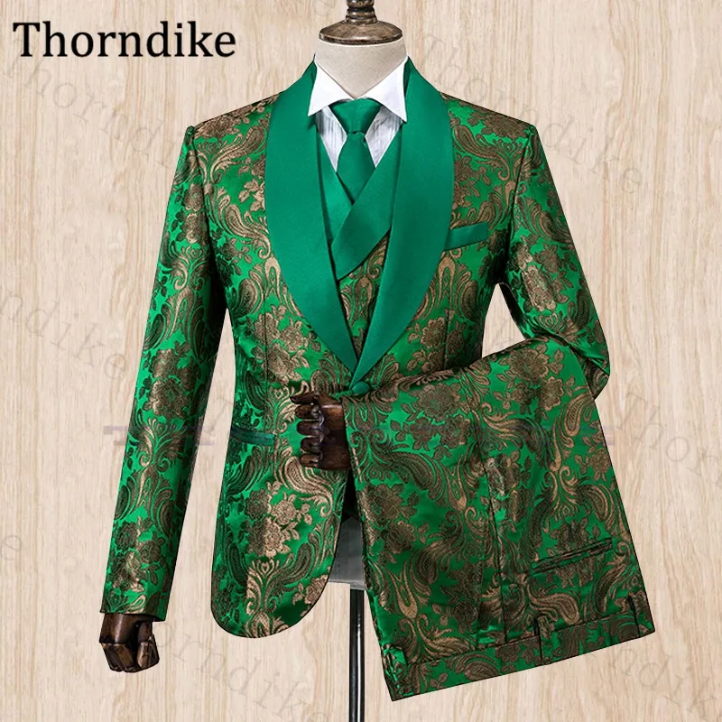 廉価販売中 Thorndike 結婚式のための緑のメンズパーティースーツ シャワールラペルプリント 3ピースカスタムメイドセット 新座販売 Ongoing Southloopmarket Com