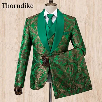 

Thorndike Green Men Suit For Wedding Party Suits Shawl Lapel Print Gentlemen Suits Custom Made 3 Pieces Set Men's Suit Tuxedos