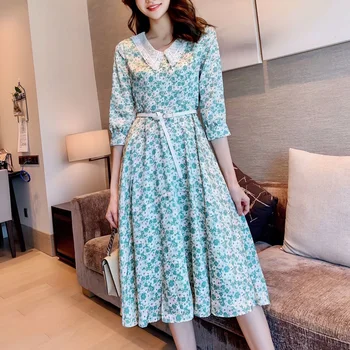 

2020 Fall New Style Bohemian Vintage Print Middle Sleeve Belt Slim Temperament Elegant Dress Women'S Clothing High Quality