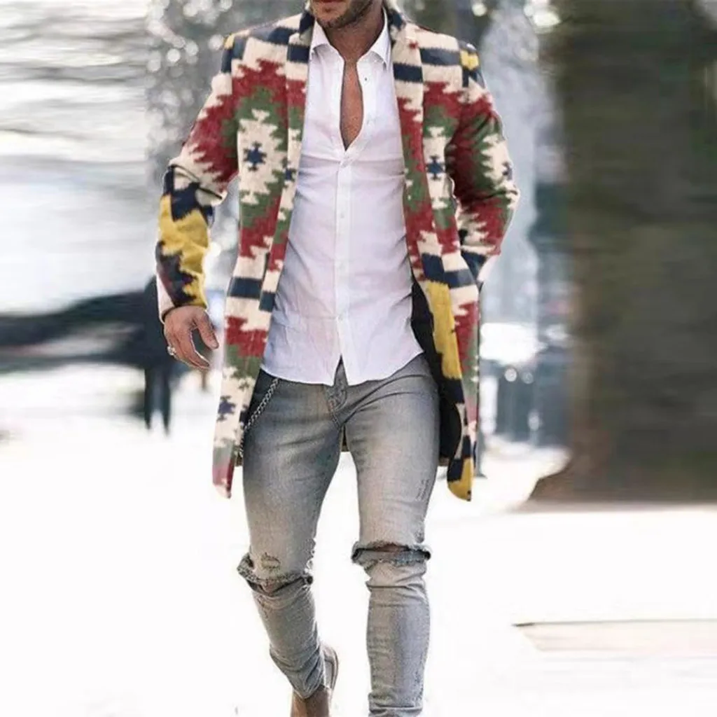 

Men Wool Coat Winter Seven-color Rainbow Plaid Slim Long Coats Men's Overcoat Trench Overcoat Fashion Vintage Long Jacket Man