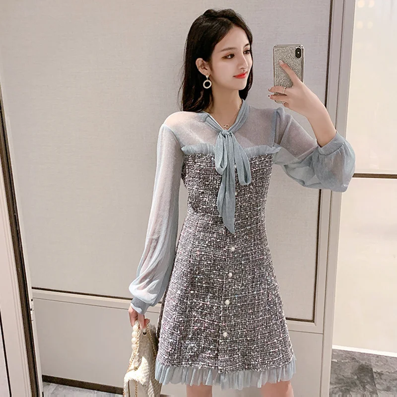 Autumn Long Sleeve A-line Short Dress Women New Fashion Korean Style Patchwork Ruffles V-neck Elegant Ladies Party Dresses S033