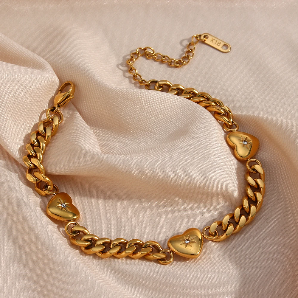 

Fine Polished Stainless Steel 18k Gold Plated Zircon Paved Ocean Heart Cuban Chain Bracelets Bangles For Women Gold Bracelet