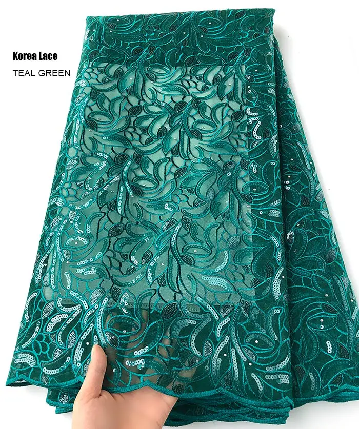 Эксклюзивное 5 ярдов Настоящее французское кружево Корея сделано в африканском стиле швейцарская органза кружевная ткань мягкая уникальная блестящая нигерийская свадебная одежда - Цвет: Teal green
