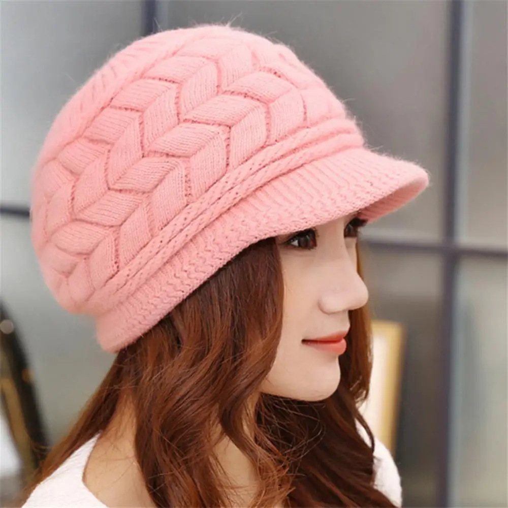 Осенне-зимние шапки, женская вязаная шапка, шапки бини, женская теплая шерстяная шапка SnapBack, одноцветные теплые зимние шапки для женщин, наушники - Цвет: Pink