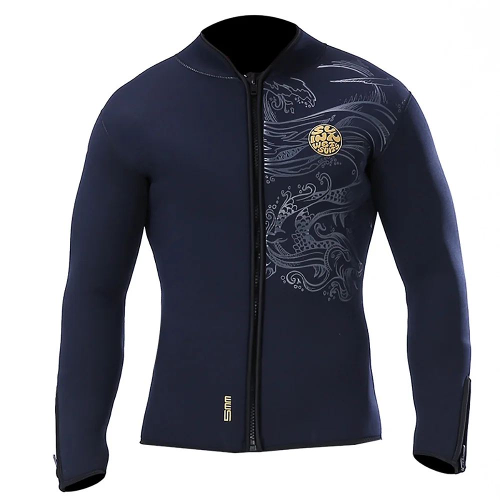 

5MM Black Neoprene Long Sleeve Wetsuit For Men Front Zipper Jacket Top Surf Diving Swimming Snorkeling Water Sports Accessories