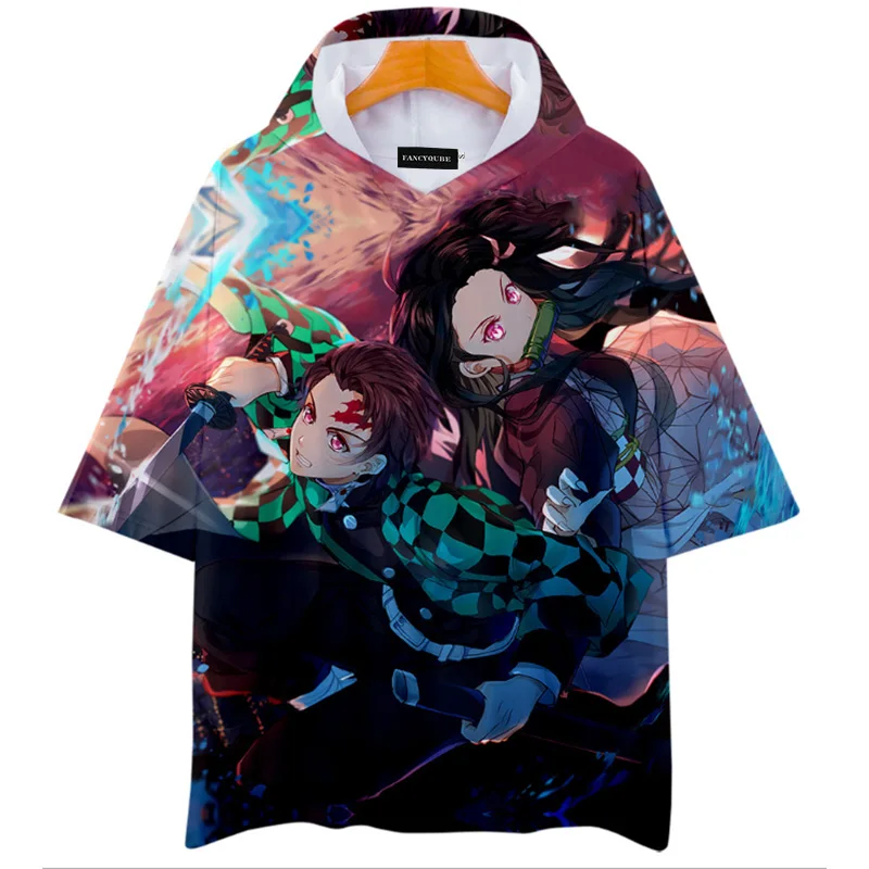 Japanese Anime Hoodie Demon Slayer Cosplay Women Harajuku Short Sleeve O-neck Hooded Tops Girl Streetwear