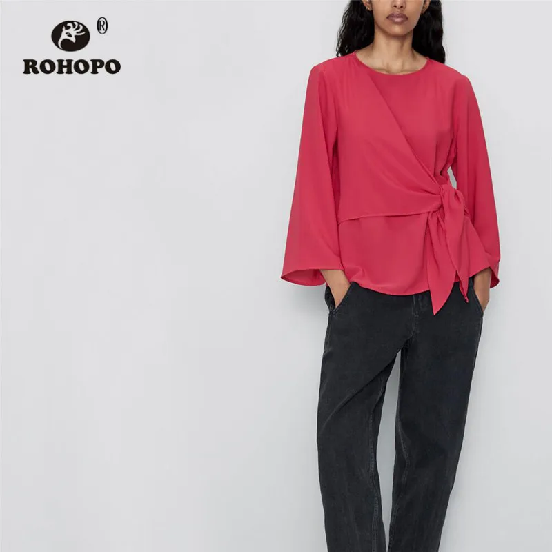 

ROHOPO Round Collar Flared Long Sleeve Solid Deep Pink Blouse Bow Waist Asymmetric Breast Ladies Chic Top Blusa #2428