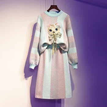 

plus size 4XL cute women skirts sets knitted lantern sleeved loose sweaters and high waist knee-length lady skirts suits tops