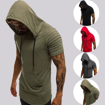 

Hot Gym Men Clothing Stringer Short Sleeve Loose Hooded Hoodies Summer Slim Fit Solid Basic Muscle Bodybuilding Tops Sweatshirt