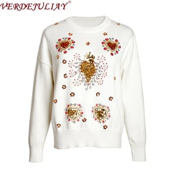 

VERDEJULIAY Luxury Women Sweater 2020 Autumn Winter Top Quality White Black Diamonds Beading Sequined Embroidery Knitted Sweater