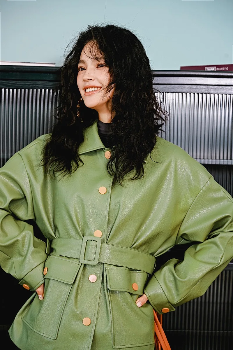 Autumn Winter Original Fashion Gloria&Grace Green Vintage Instagram PU Leather Suede Loose Oversize Coat Jacket Outerwear