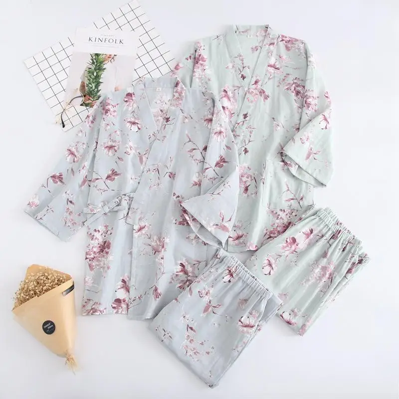 

New Kimono Japanese Cotton Spring and Autumn Traditional Ladies Gauze Kimono Set Sweat Steaming Home Service Roupas Feminina