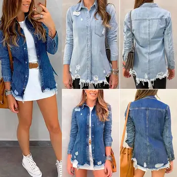 

2019 New Chic Jacket Women Long Sleeve Turn Down Collar Ripped Holes Pocket Denim Jacket