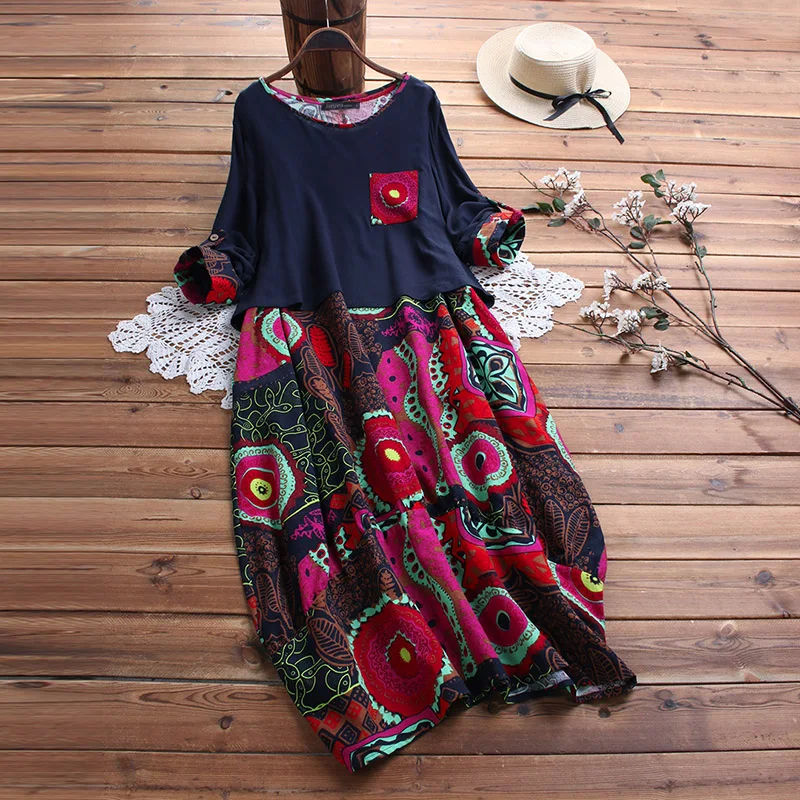 ZANZEA размера плюс винтажное платье женское длинное макси Vestidos хлопковое льняное платье Элегантная длинная рубашка Vestido женский летний сарафан - Цвет: Navy