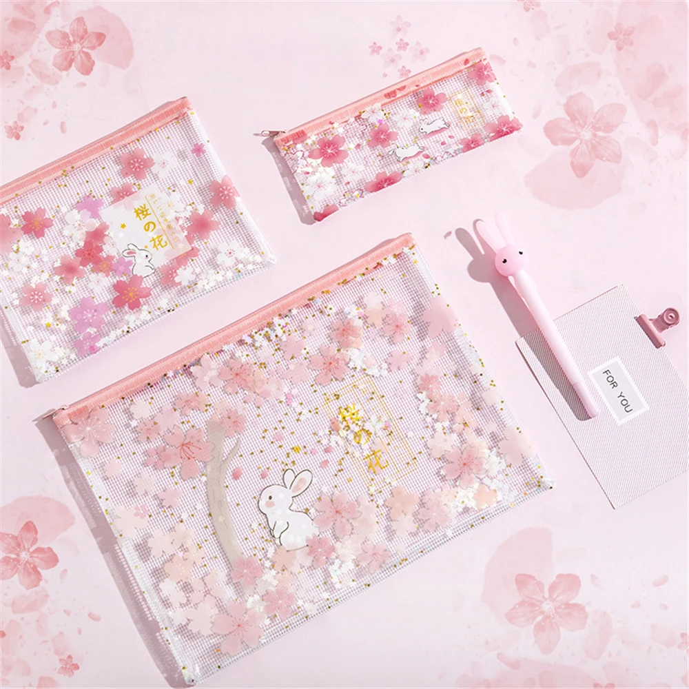 

1 Pcs Rabbits Cherry Trees Pencil Bag Sequins Transparent A4 A5 B6 File Folder Document Filing Bag Stationery Bag