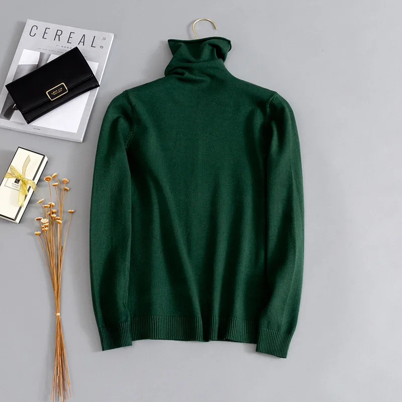 HLBCBG женский свитер с воротником-стойкой, Осень-зима, тонкий пуловер для школьницы, Свитера с длинным рукавом, плоский вязаный джемпер - Цвет: Зеленый