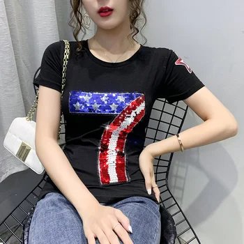 

Vogue No 7 Sequins Patch Plus Size Casual T-Shirts Women Short Sleeve Round Neck Patchwork Slim Cotton Tops Tee Femme Streetwear