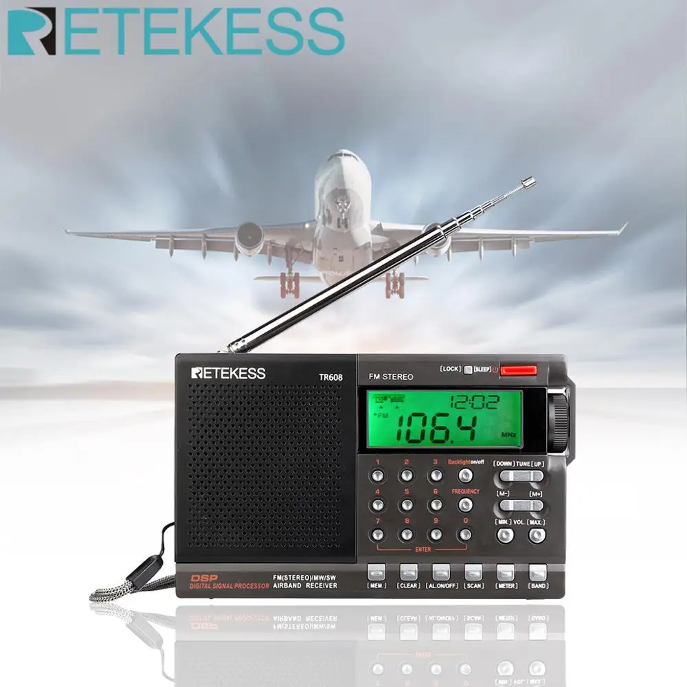 Retekess TR608 FM/MW/SW/Air Многополосный Радио динамик Портативный цифровой радио с ЖК-дисплеем с часами будильник таймер сна