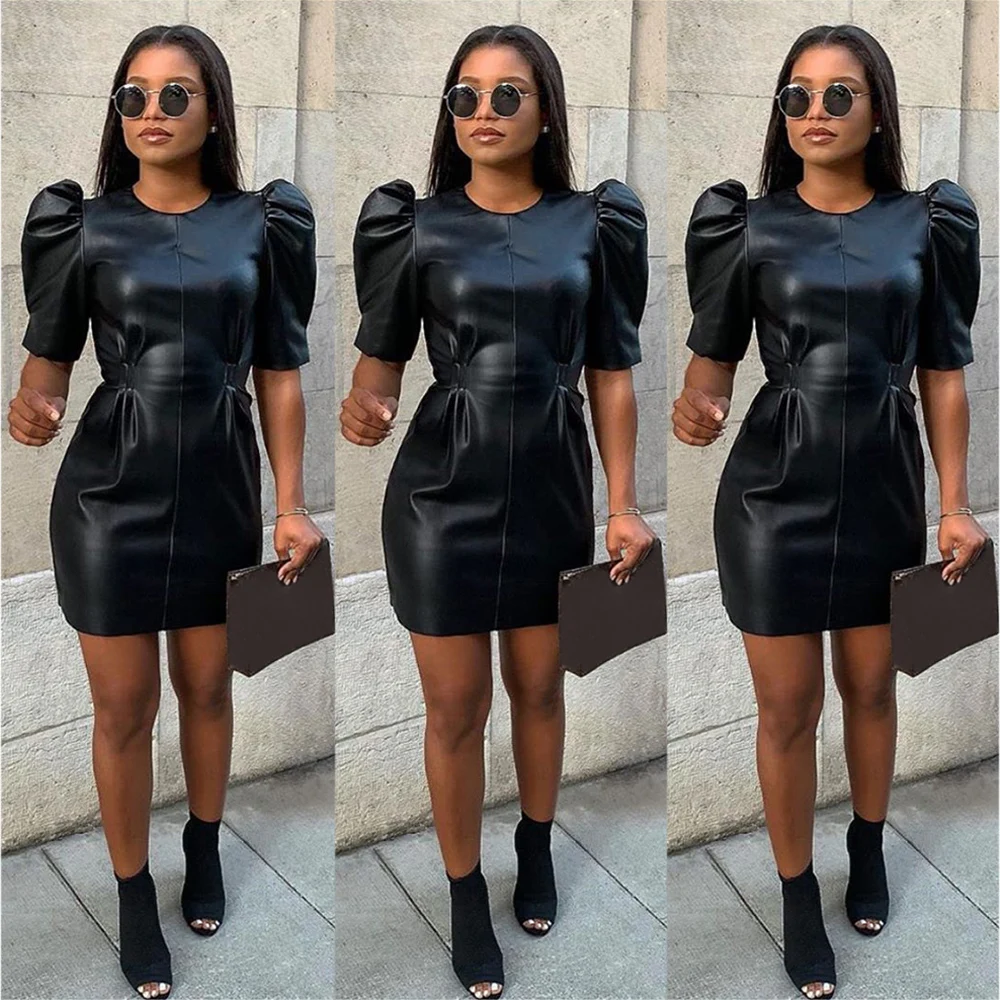 Faux Leather Dress Women Sexy Club Puff Sleeve Dresses Vintage Pleated  Tunic Mini Dress Bodycon Ladies Black Dress PU vestidos - AliExpress