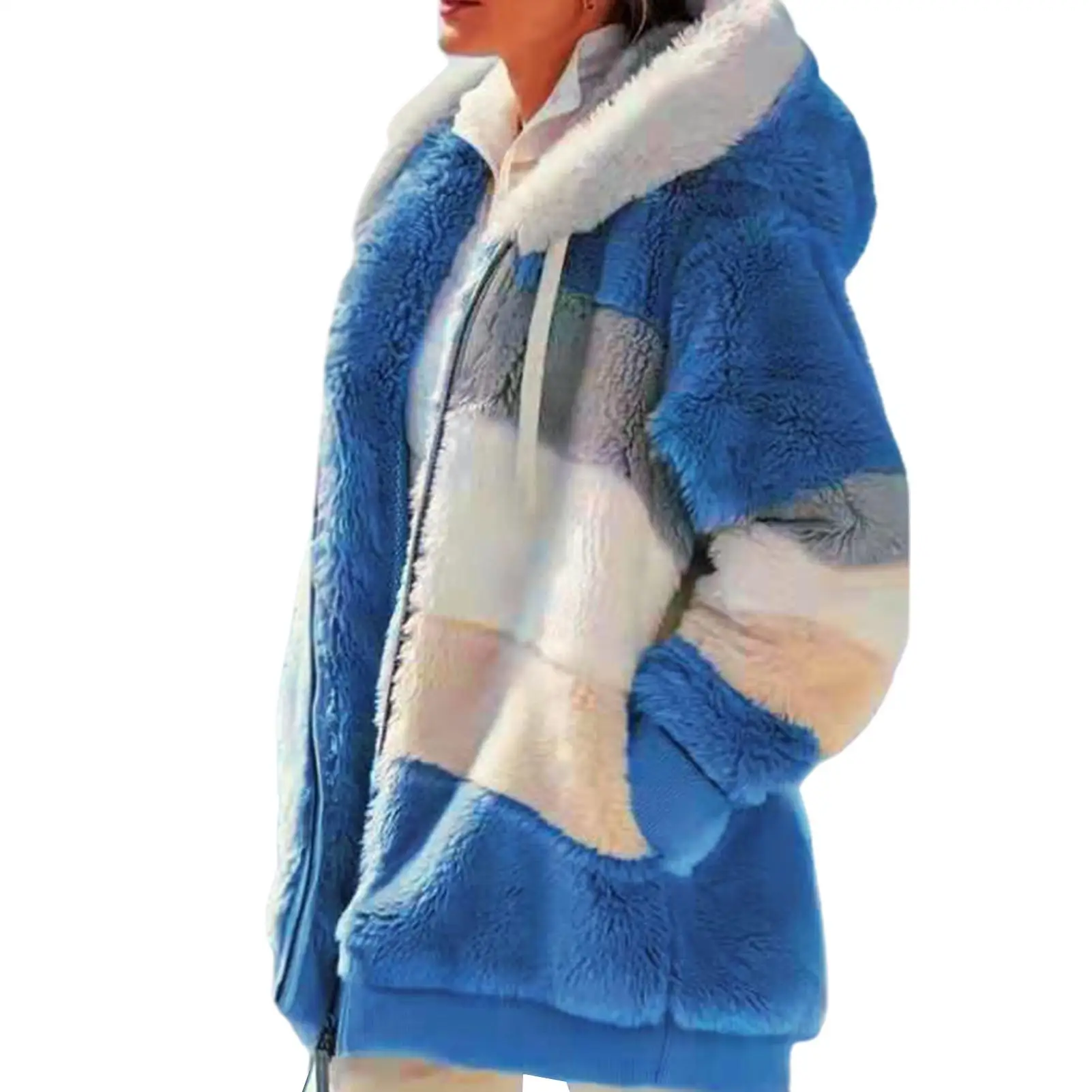 

HOT SALESï¼ï¼ï¼New Arrival Women Autumn Winter Long Sleeve Color Block Zipper Fluff Hooded Warm Coat Jacket