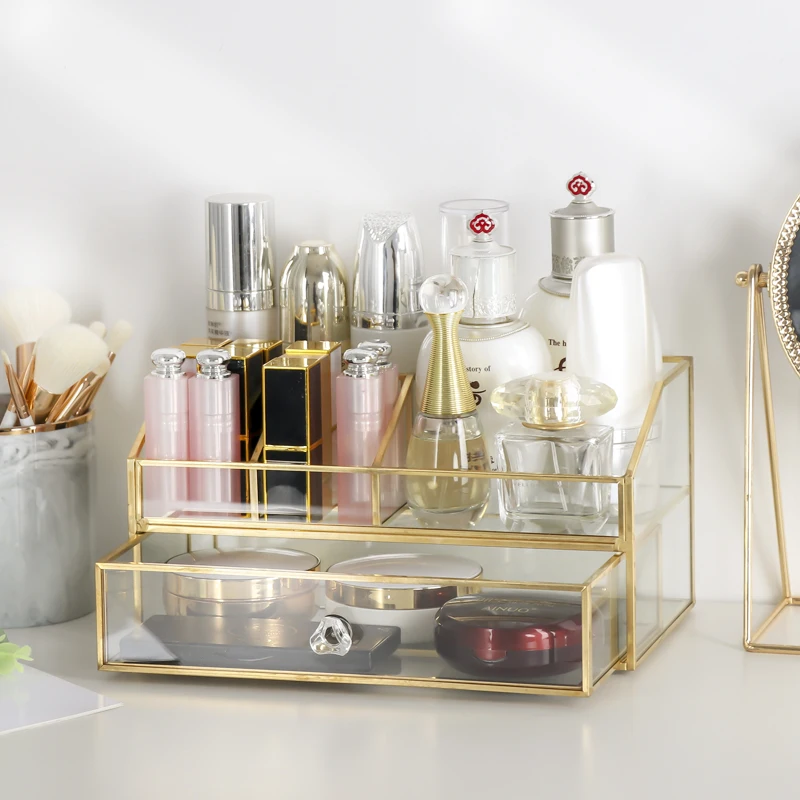 

Brass Glass Cosmetic Organizer Box Bathroom Storage Makeup Perfume Storage Nail polish Lipstick Holder Drawer Display Shelf