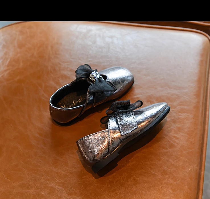 Bakkotie New Kids Autumn Girls Pu Leather Shoes Baby Fashion Lace Bowtie Mary Jane Flats Children Gold Sweet Dress Shoes