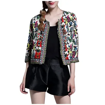 

Women Spring Autumn Jackets Fashion 3 / 4 Sleeve Floral Embroidered Printed Folk-custom Vintage Casual Short Coat Outwear