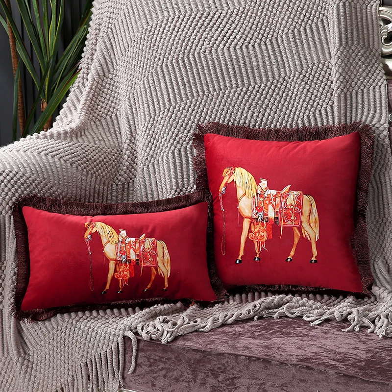 Federa Per Cuscino Decorativo 50x50 Cm, Motivo Floreale Rosso, In Misto Lino E Cotone