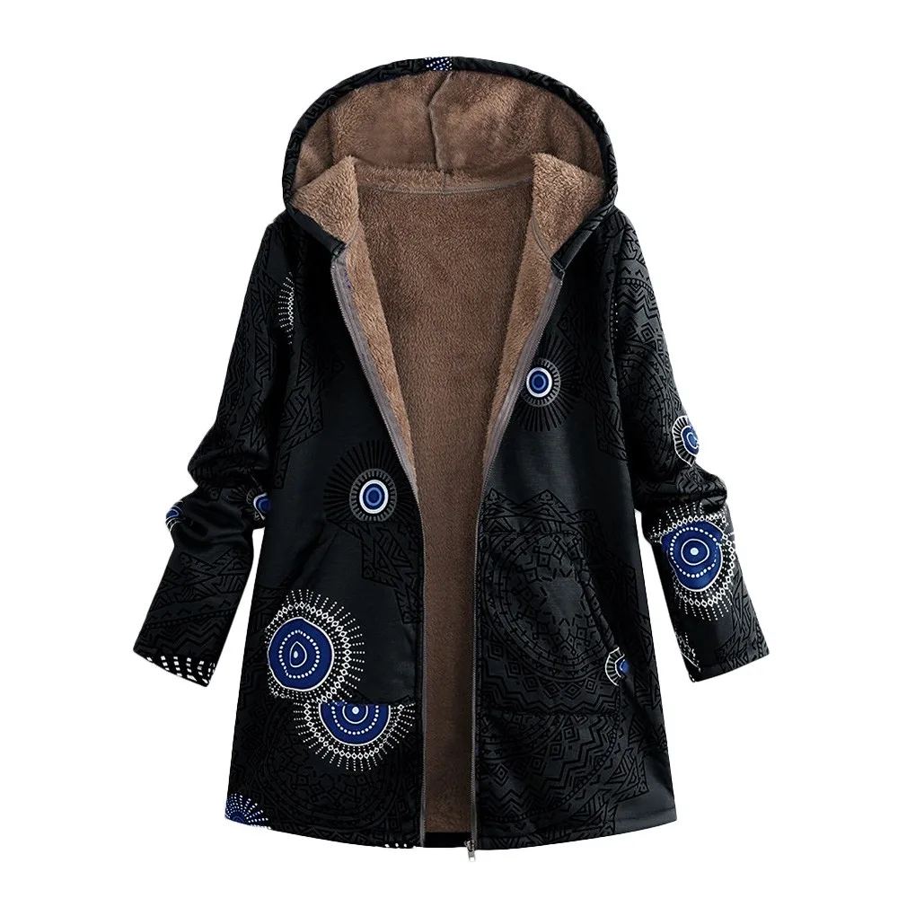 Зимние женские пальто большого размера, S-5XL, зимняя теплая верхняя одежда, с принтом, с капюшоном, с карманами, винтажные, большие, женские пальто#104 - Цвет: BK