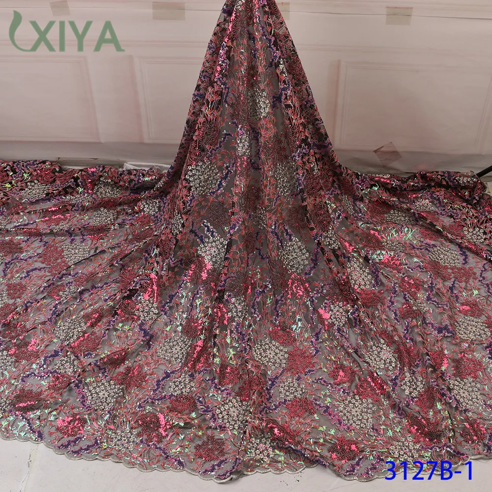 High Quality African Sequins Lace Fabric French Tulle Mesh Lace Embroidered Sequence Lace Fabrics for Nigerian Wedding APW3127B