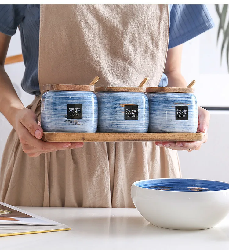 Ceramic Condiment Storage Jar Household Seasoning Pot Bamboo Tray Spice Jar Soy Sauce Box Salt Sugar Can Kitchen Organizer Tools