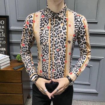 

2019 Leopard Print Social Shirt Men Long Sleeve Casual Slim Fit Dress Shirts Streetwear Night Club Party Shirt Chemise Homme