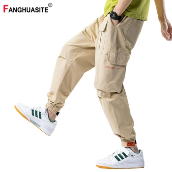 

2020 New Men's Cargo Pants Streetwear Multi-Pocket Letter Ribbon Ankle Length Pants Hip Hop Beams Khaki Casual Pants Male KX287