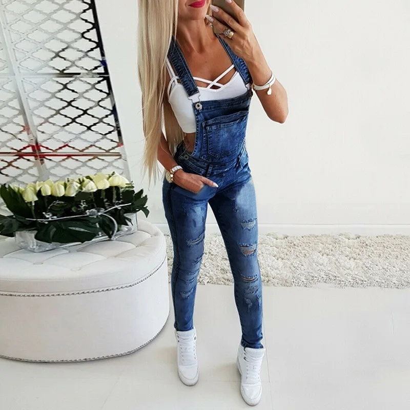 Ripped Denim Bib Overalls 