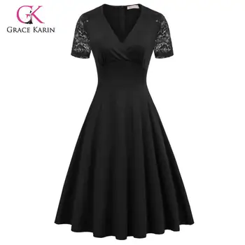 

Grace Karin Vintage Flared A-Line Dress Women Summer Short Lace Sleeve V-Neck Swing Dress Retro Pleated Midi Party Dresses 2020