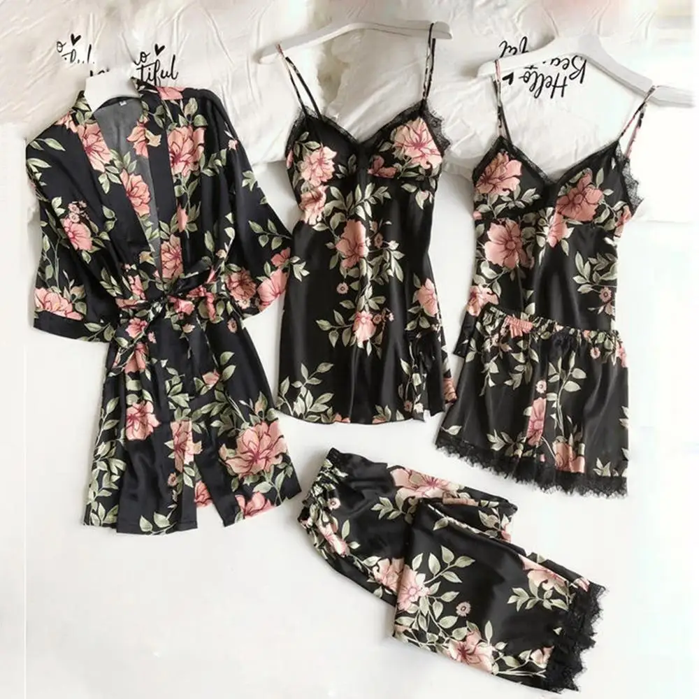 

5PC Sexy Lace Women Pajanas Nightdress Satin Robe Bathrobe Trousers Shorts Lingerie Set Pajamas Plus Size Sleepwear S-3XL