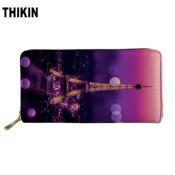 

THIKIN Paris Eiffel Tower Pattern Long Wallet Female Fashion Function Card Slot Bag Ladies Pretty Pink Sky Print Coin Purse