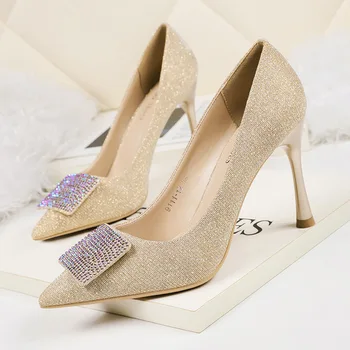 

2020 New Autumn Women Pumps High Thin Heel Pointed Toe Crystal Bling Bridal Wedding Women Shoes Champagne Sexy Ladies High Heels