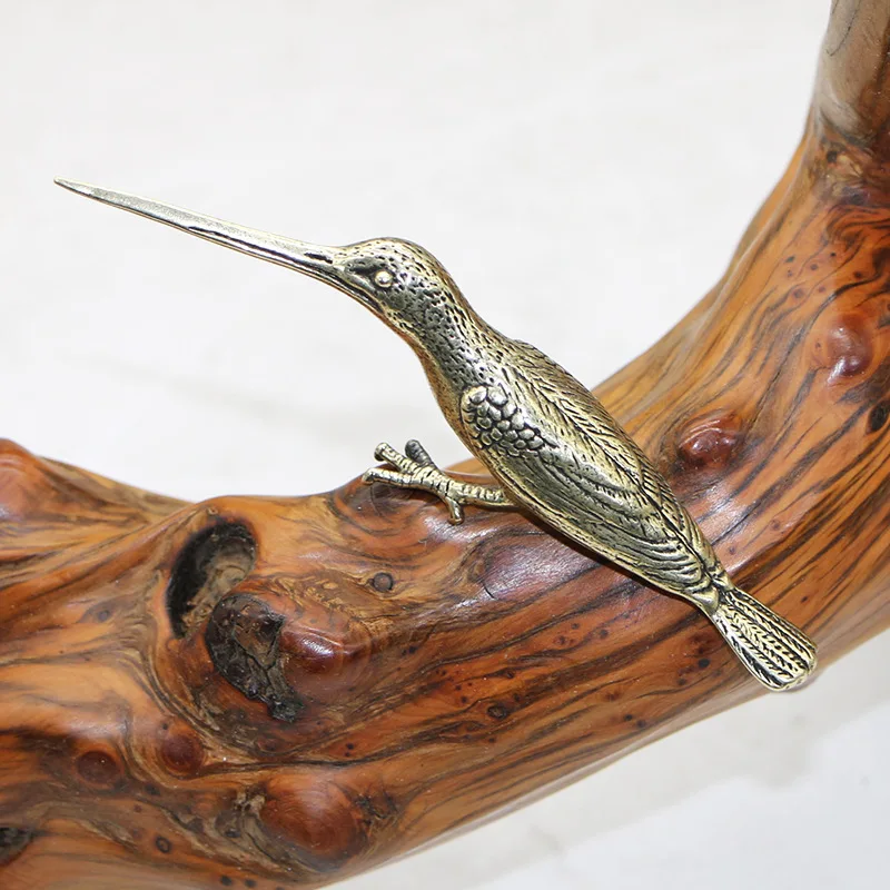 Solid Copper Long Mouth Bird Statue Ornaments Classic Brass Animal Woodpecker Figurines Home Desk Decorations Pu 'er Tea Needle tea needle set