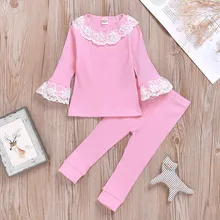 Одежда для новорожденных; для маленьких мальчиков и девочек с длинным рукавом, кружевные топы, рубашка комплект со штанами