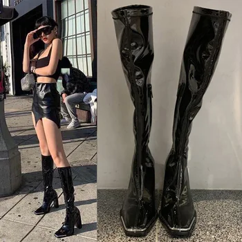 

women's boots Autumn and winter 2020 new long boots, metal square toe boots, high knee thick heel women's boots