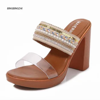 

BBZAI Summer Princess shoes Sexy women's shoes Slipper New pattern Superior quality Sandals 10CM Coarse heel Nightclub 4-11 12