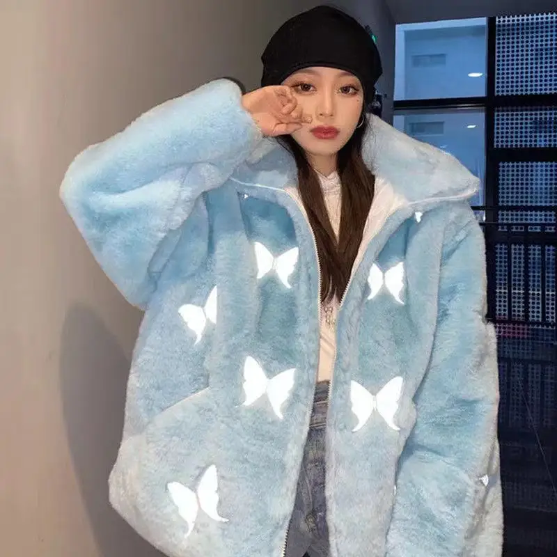 

Winter Jacket Women Reflective plush Butterfly print Faux fur coat Thick Warm Hip Hop Casual loose imitation fur women coats
