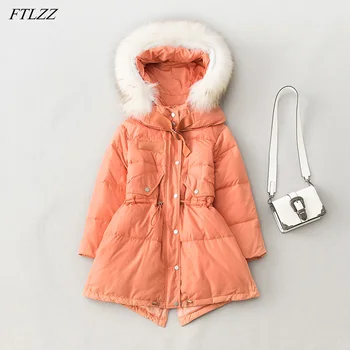 

FTLZZ Large Natural White Fox Fur Hooded Jacket Warm Snow Orange Coat Women 90% White Duck Down Thick Parkas Winter Long Outwear