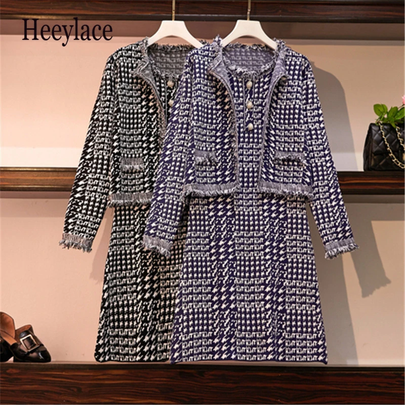 

Women Autumn Winter Knit Pattern Button Sleeveless Dress+Knitted Cardigans Coats 2 Pieces Sets Outfits plus size tweed set 2019