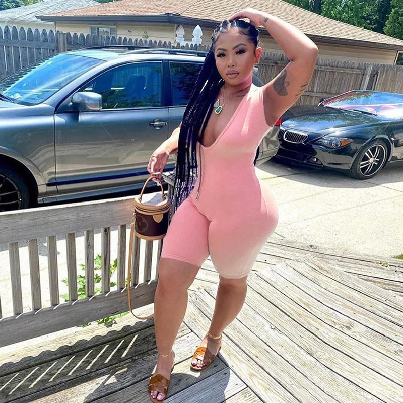 Casual Sporty Fitness Romper Playsuits Sexy Deep V Neck Sleeveless Women Bodycon Push Up Active Wear Biker Shorts Playsuits