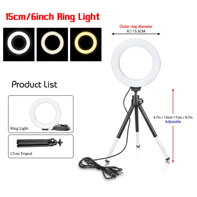 SH 16cm 6 inch Ring Light With Tripod Stand Usb Charge Selfie Led Lamp Dimmable Photography Light For Photo Photography Studio package A